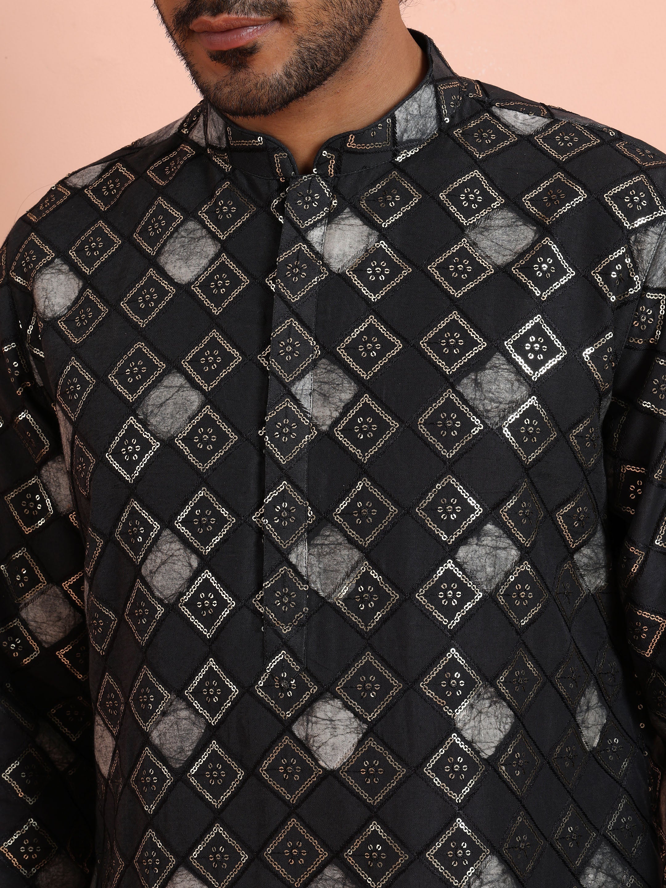 Black Chanderi Cotton Printed Kurta Trouser Set