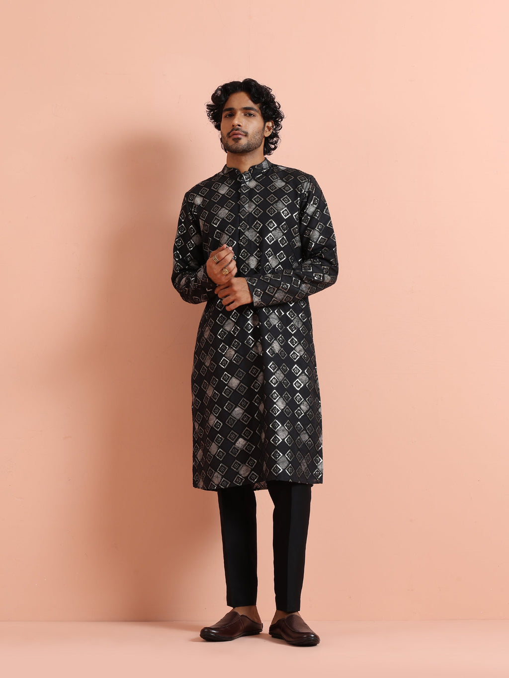 Black Chanderi Cotton Printed Kurta Trouser Set