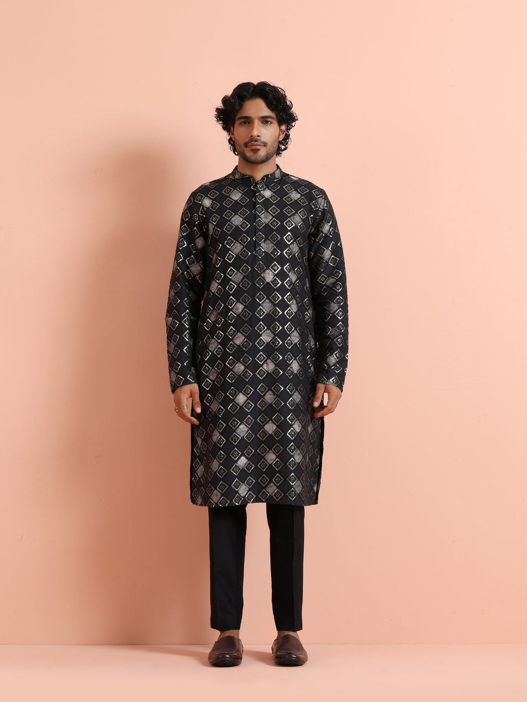 Black Chanderi Cotton Printed Kurta Trouser Set