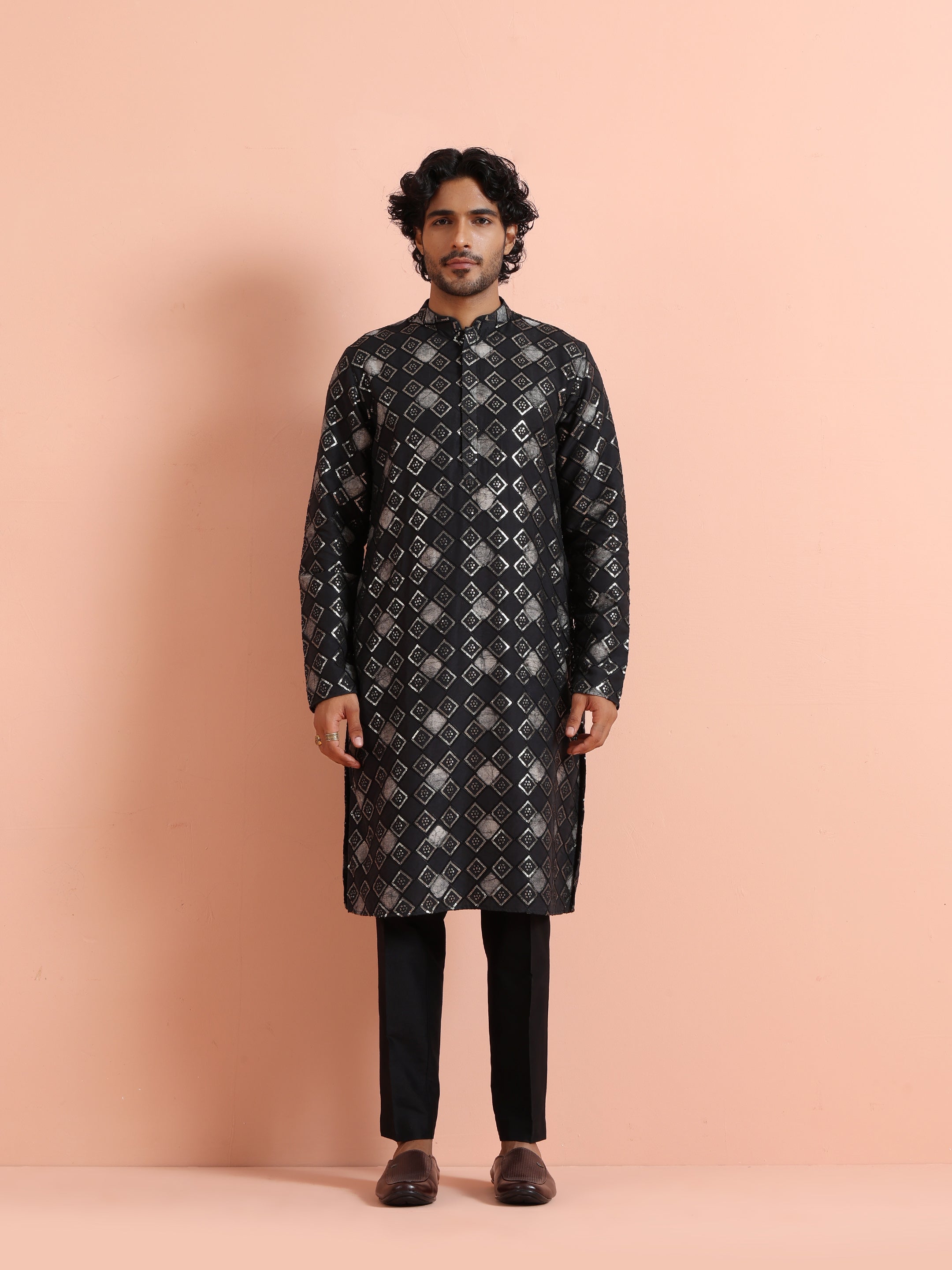 Black Chanderi Cotton Printed Kurta Trouser Set