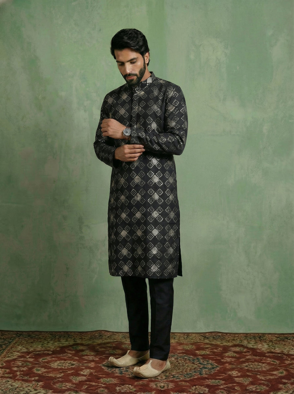 Black Chanderi Cotton Printed Kurta Trouser Set
