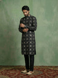 Black Chanderi Cotton Printed Kurta Trouser Set