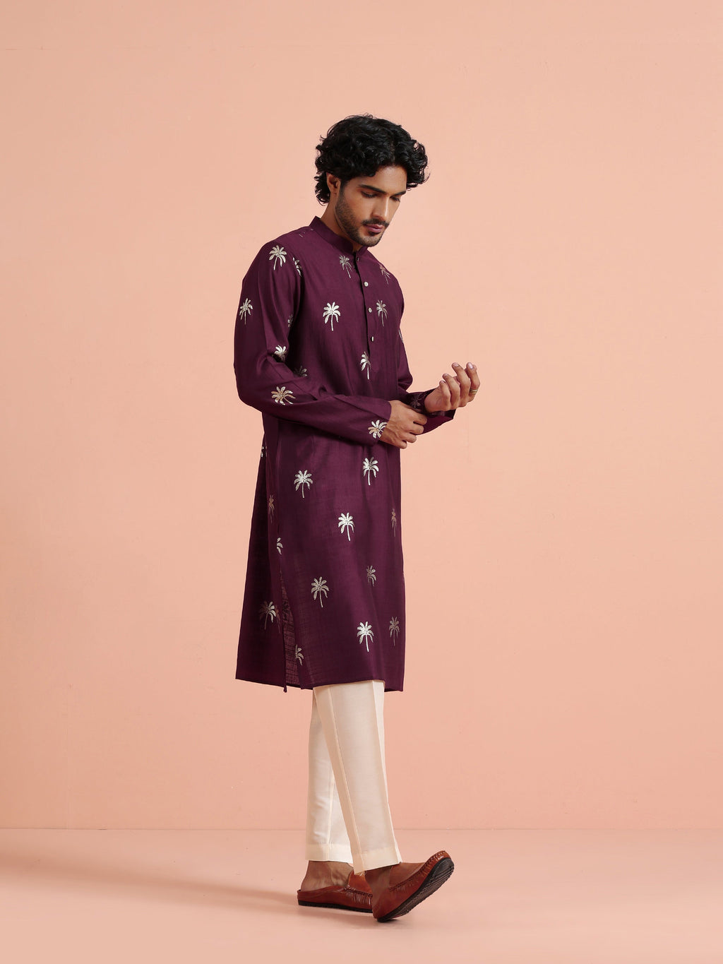Maroon Polyrayon Gold Printed Kurta Trouser Set