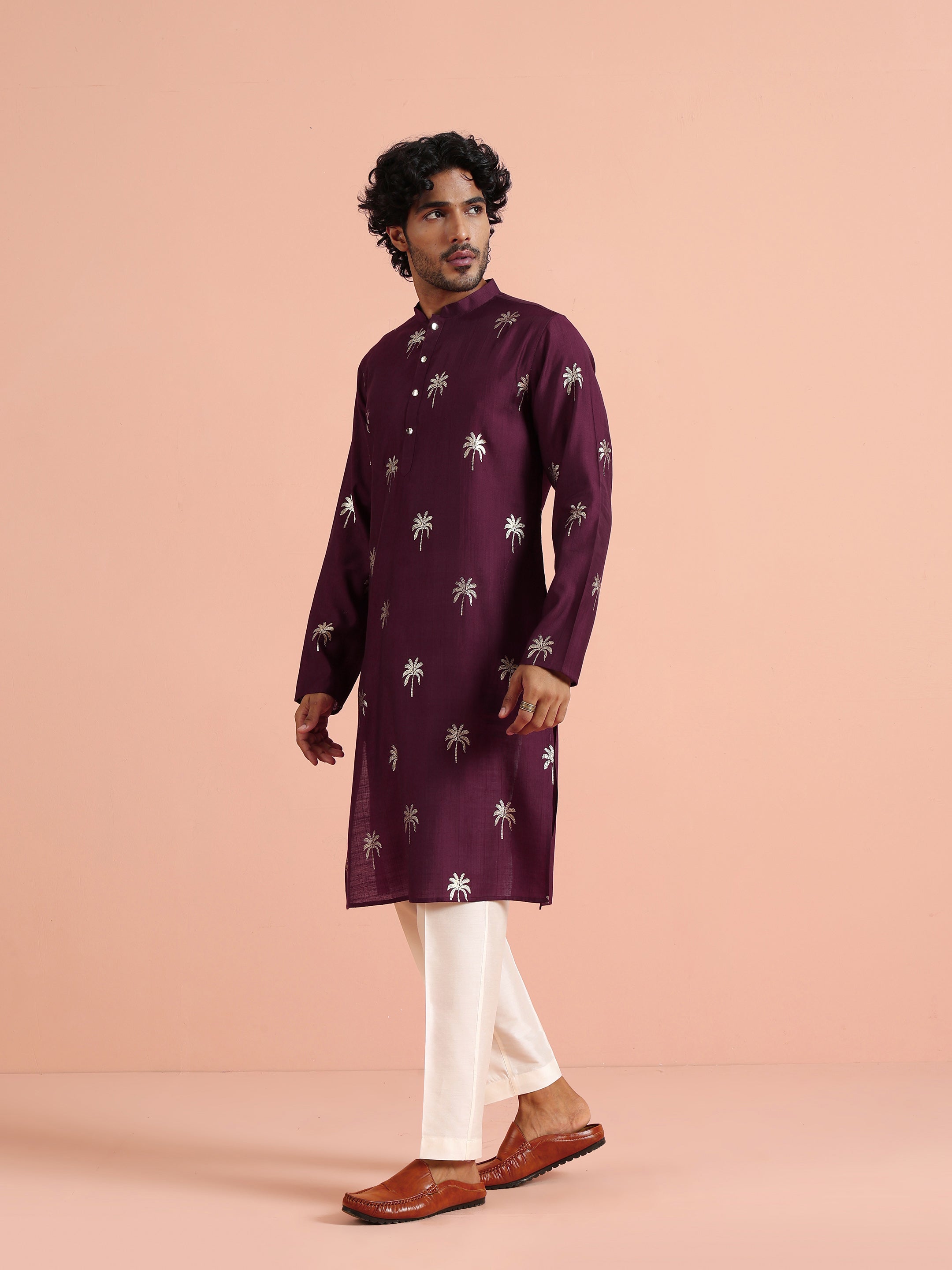 Maroon Polyrayon Gold Printed Kurta Trouser Set