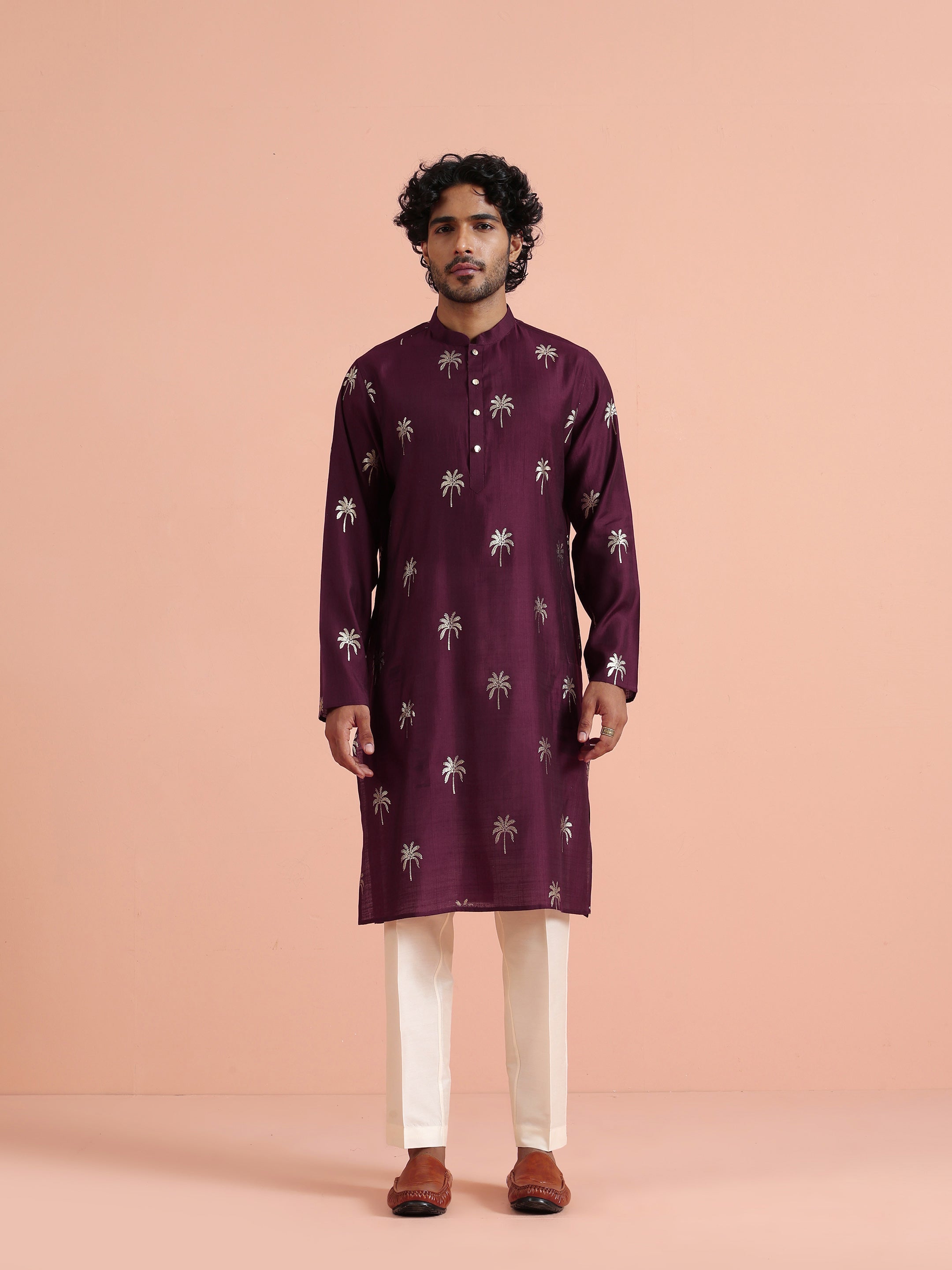 Maroon Polyrayon Gold Printed Kurta Trouser Set