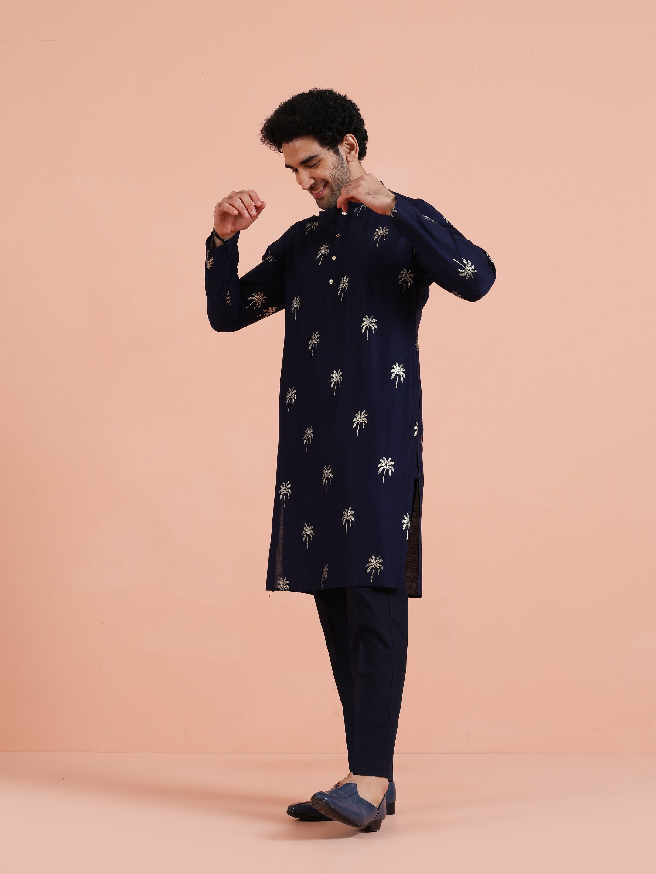Navy Blue Polyrayon Gold Printed Kurta Trouser Set