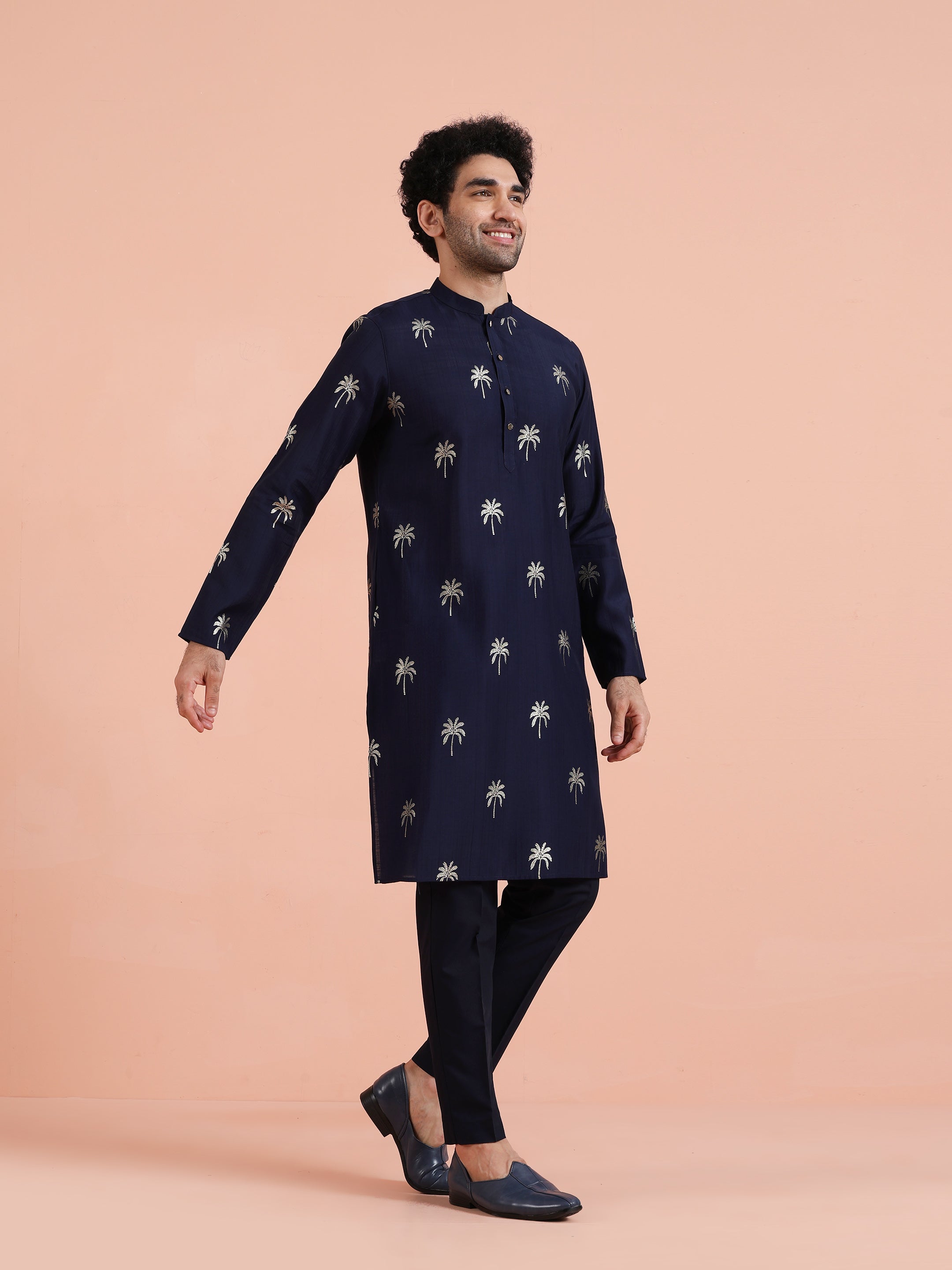 Navy Blue Polyrayon Gold Printed Kurta Trouser Set