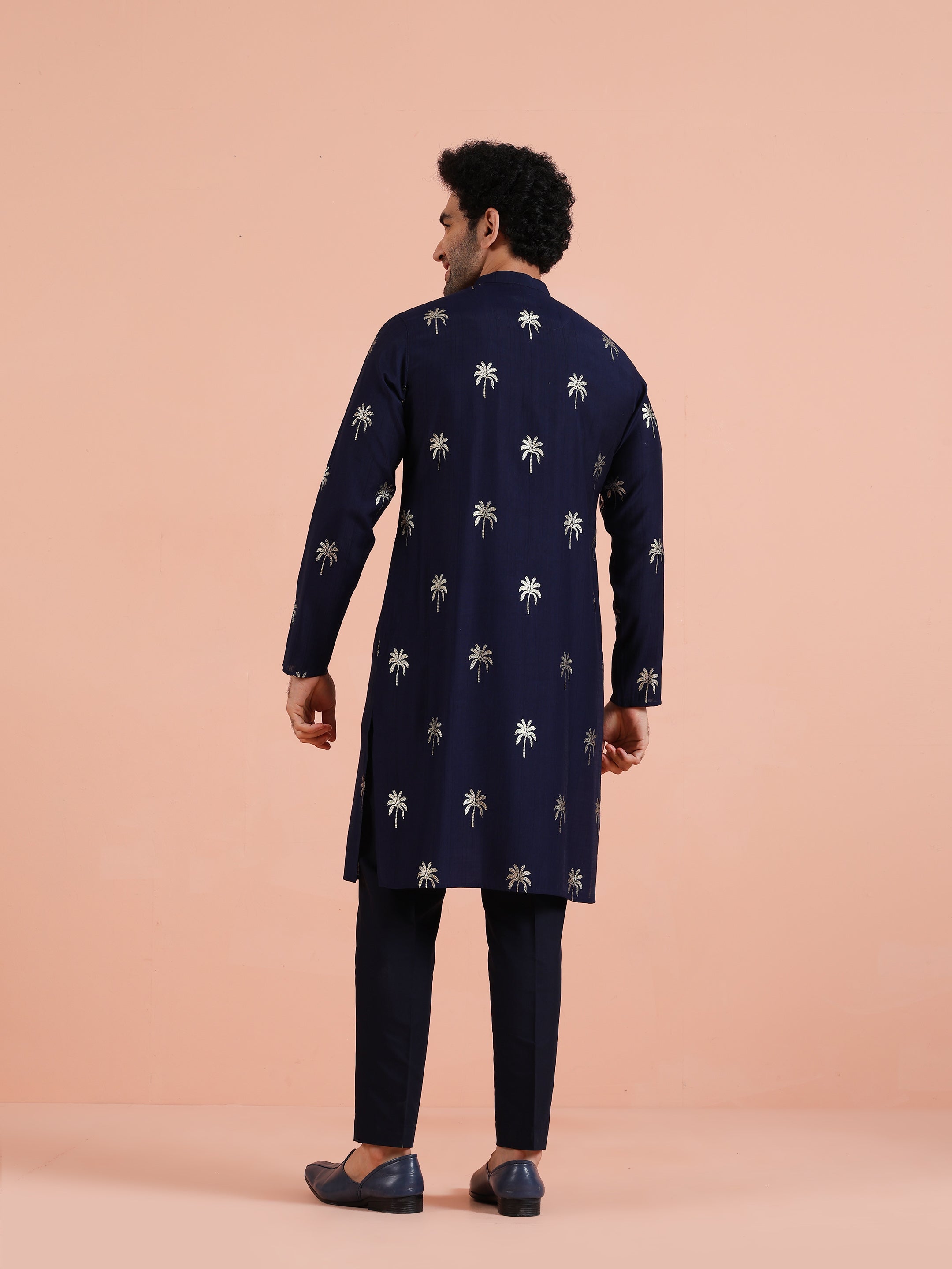 Navy Blue Polyrayon Gold Printed Kurta Trouser Set