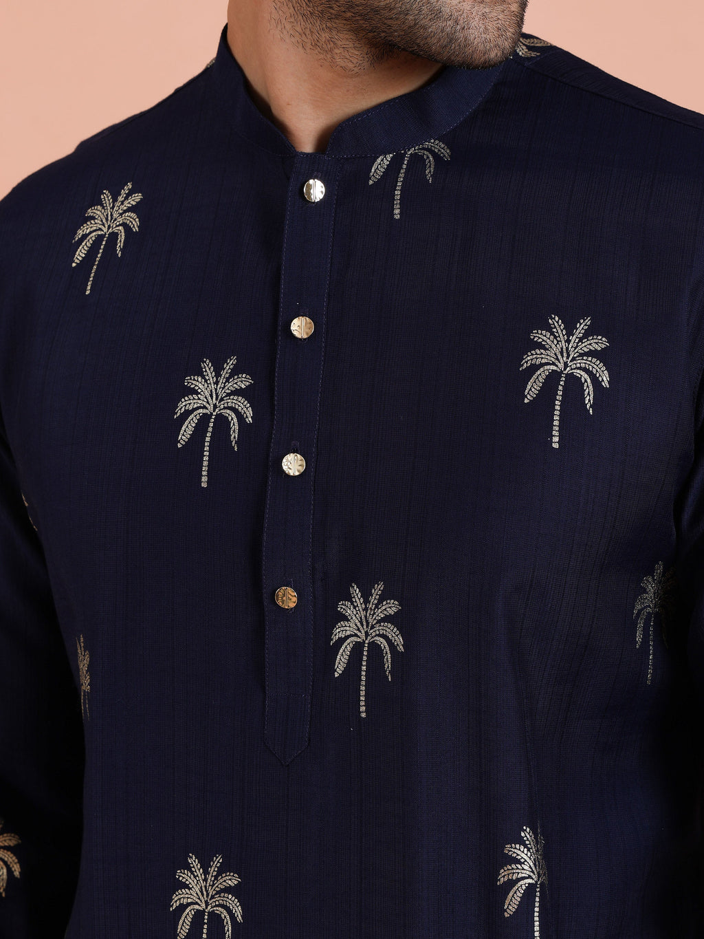 Navy Blue Polyrayon Gold Printed Kurta Trouser Set