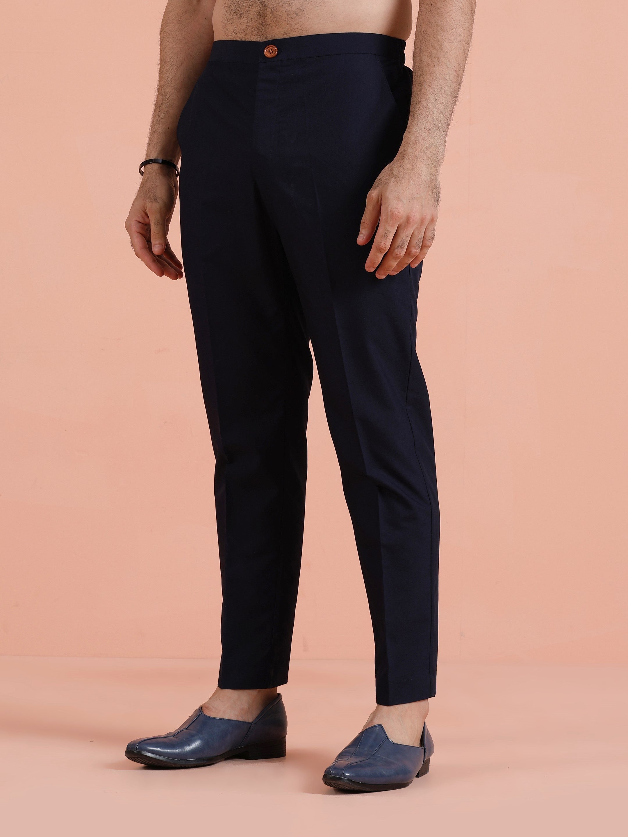 Navy Blue Polyrayon Gold Printed Kurta Trouser Set
