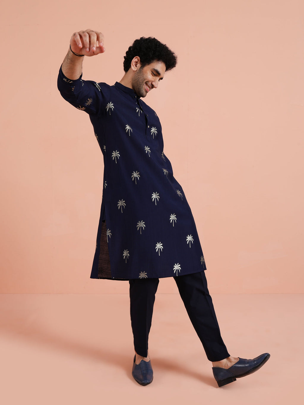 Navy Blue Polyrayon Gold Printed Kurta Trouser Set