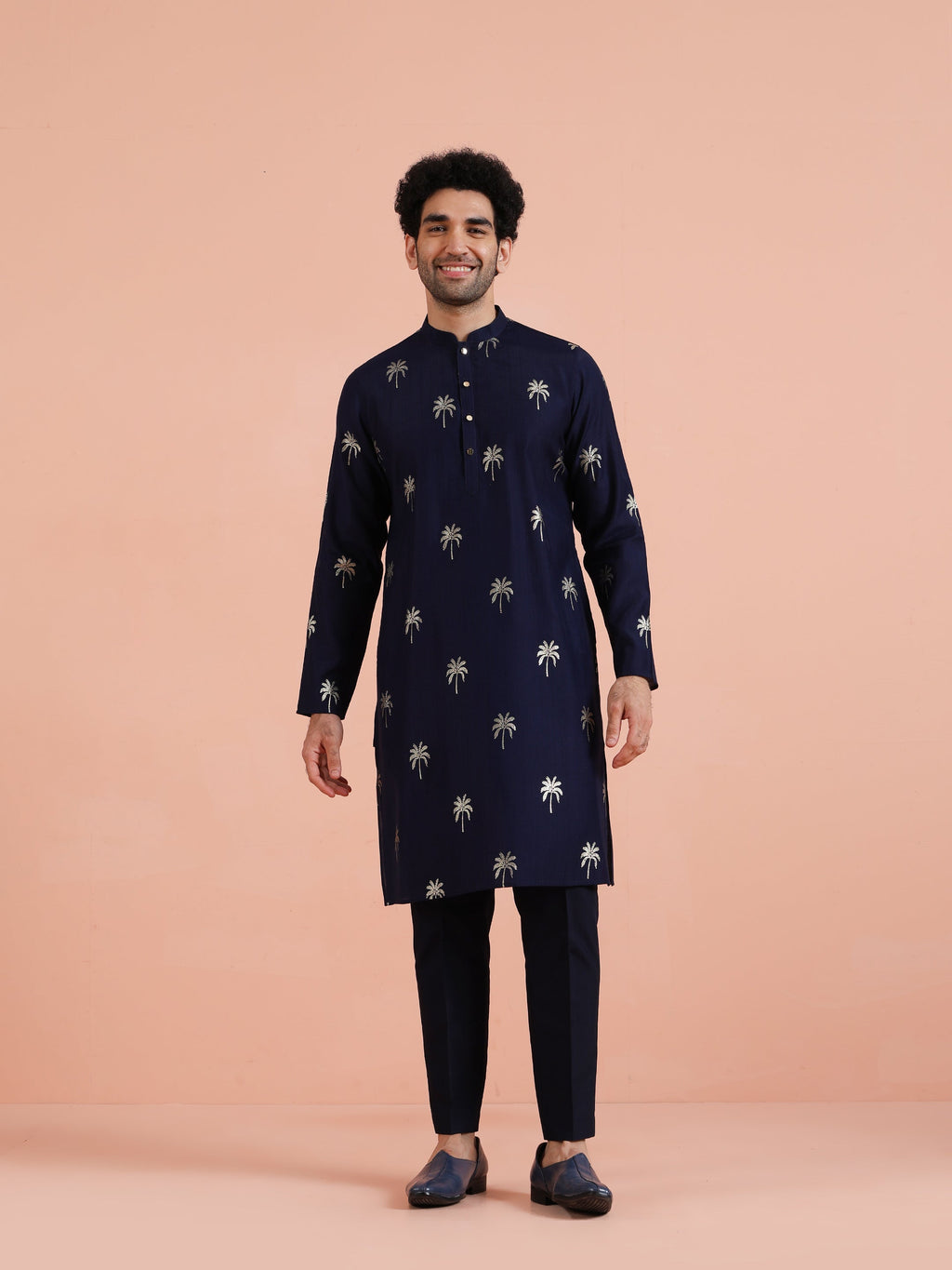 Navy Blue Polyrayon Gold Printed Kurta Trouser Set