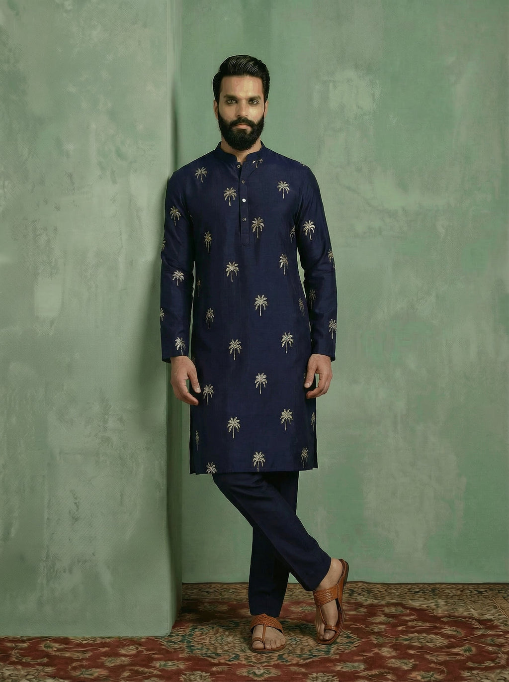 Navy Blue Polyrayon Gold Printed Kurta Trouser Set