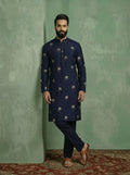 Navy Blue Polyrayon Gold Printed Kurta Trouser Set