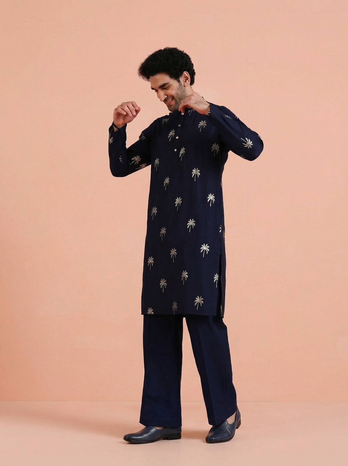 Navy Blue Polyrayon Gold Print Kurta Wide Leg Trouser Set