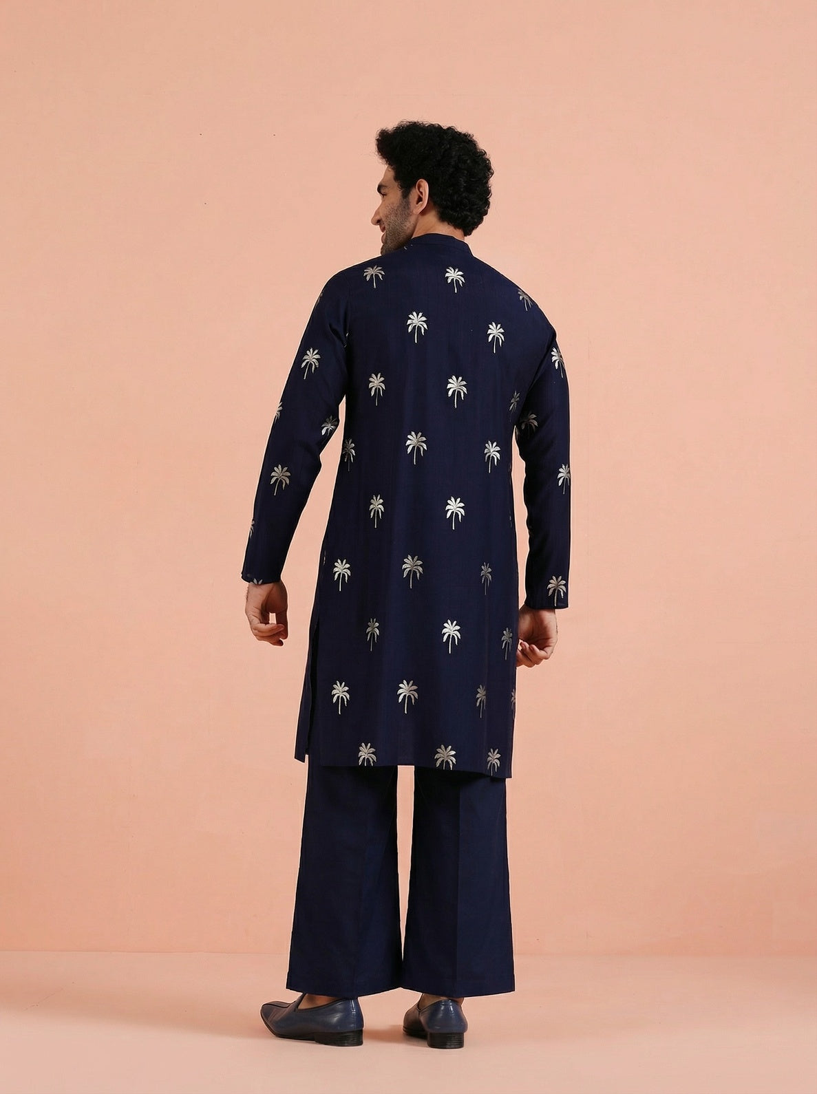 Navy Blue Polyrayon Gold Print Kurta Wide Leg Trouser Set