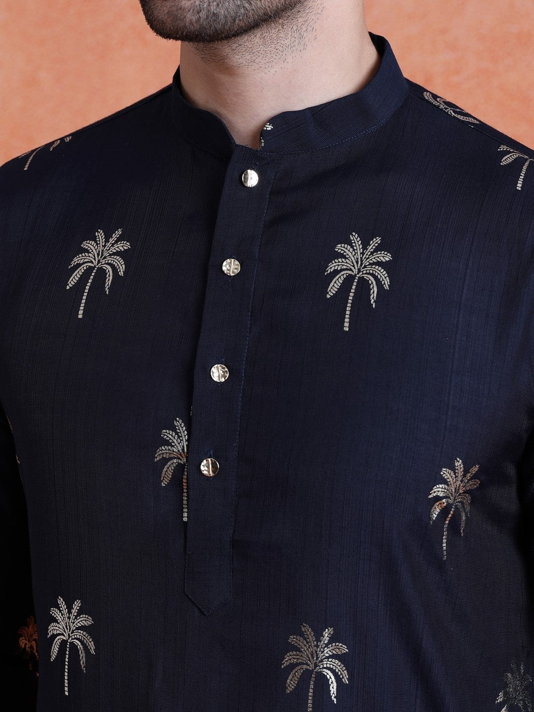Navy Blue Polyrayon Gold Print Kurta Wide Leg Trouser Set