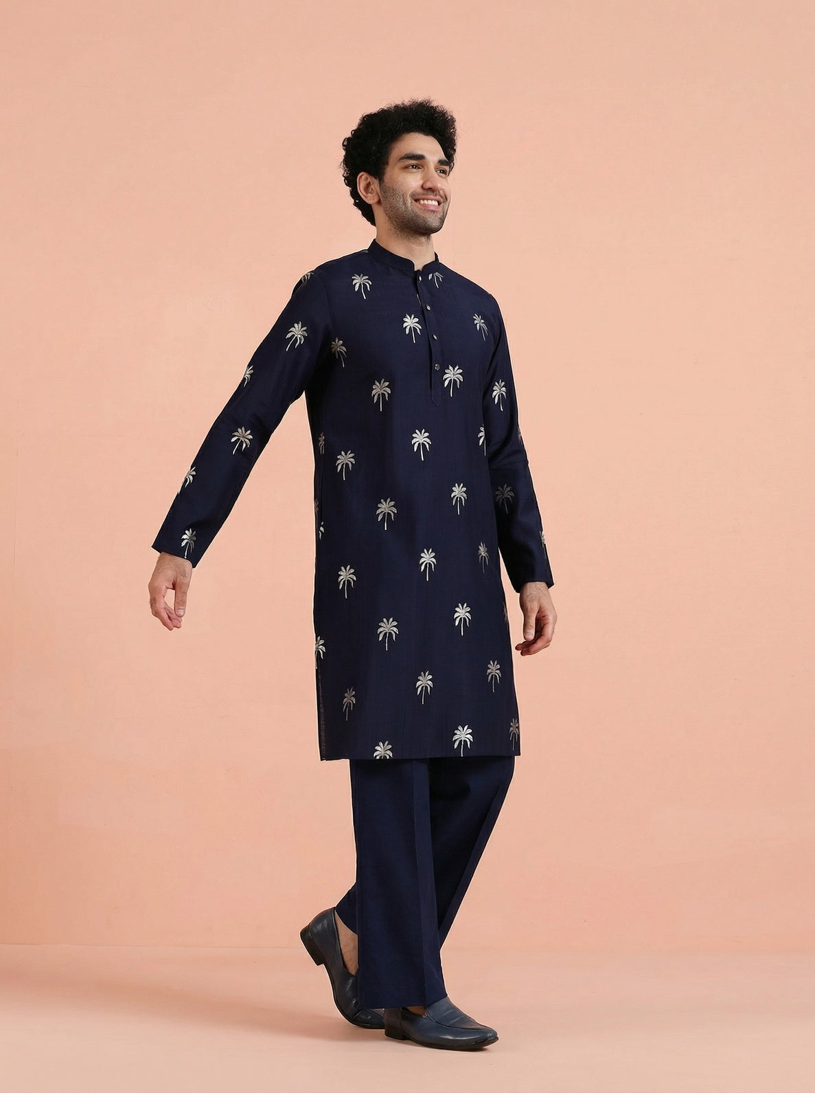Navy Blue Polyrayon Gold Print Kurta Wide Leg Trouser Set