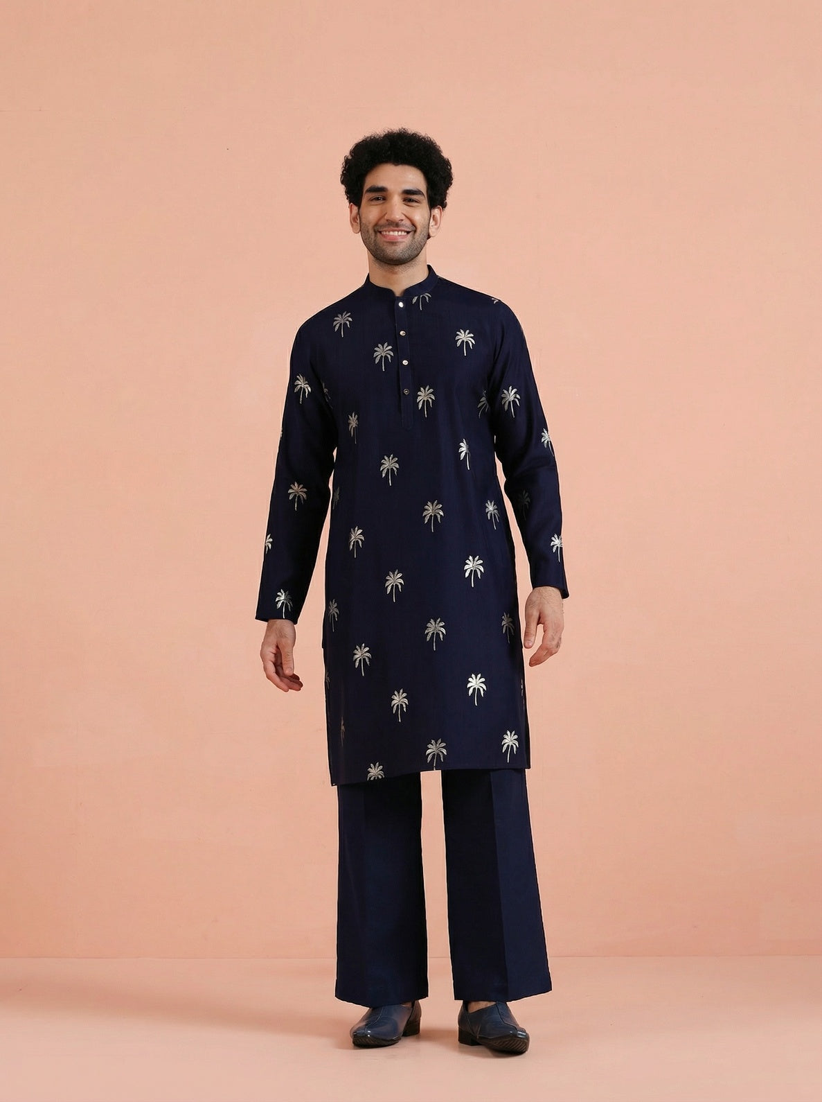 Navy Blue Polyrayon Gold Print Kurta Wide Leg Trouser Set