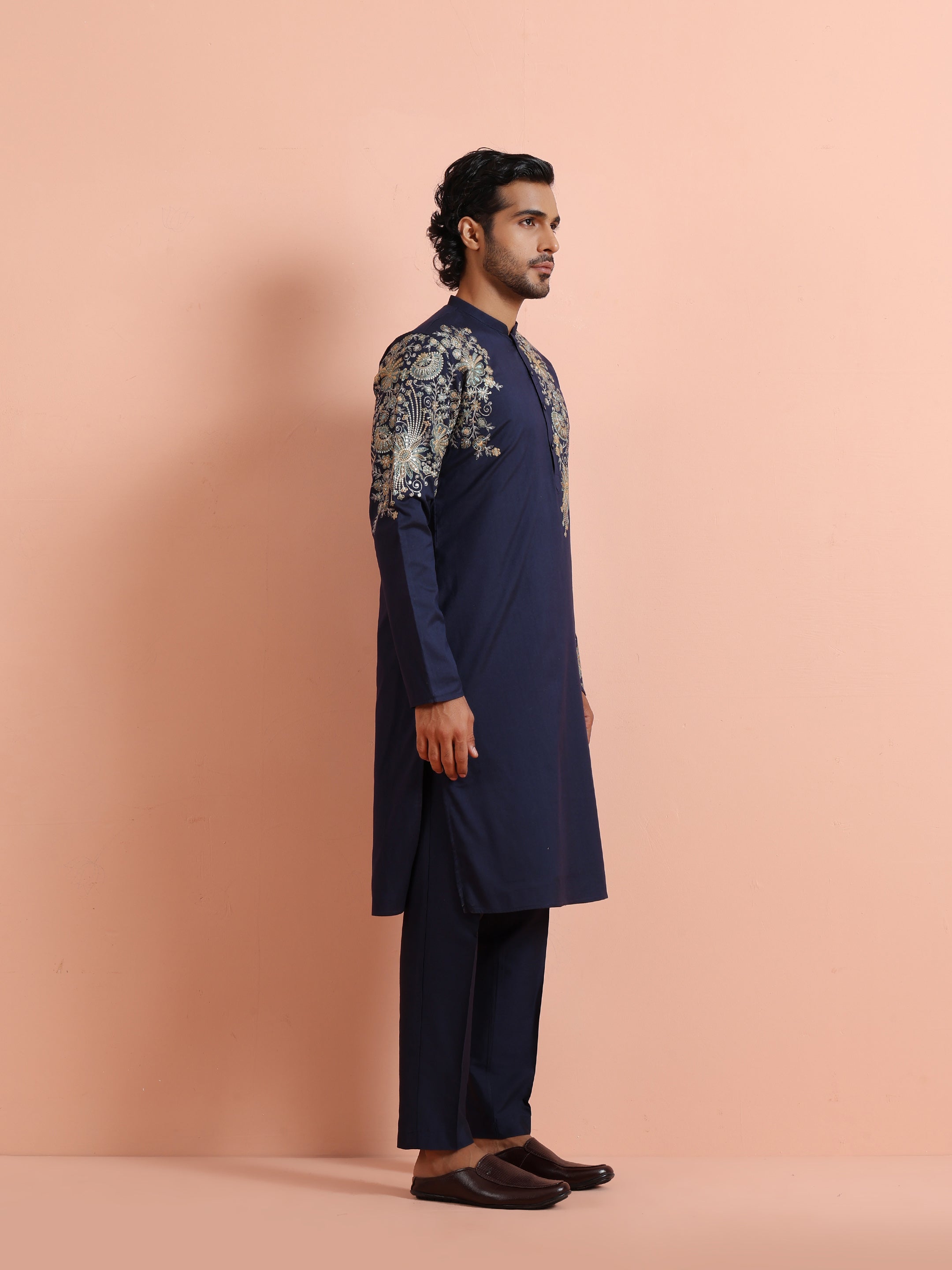 Navy Blue Poly Silk Floral Embroidered Kurta Trouser Set
