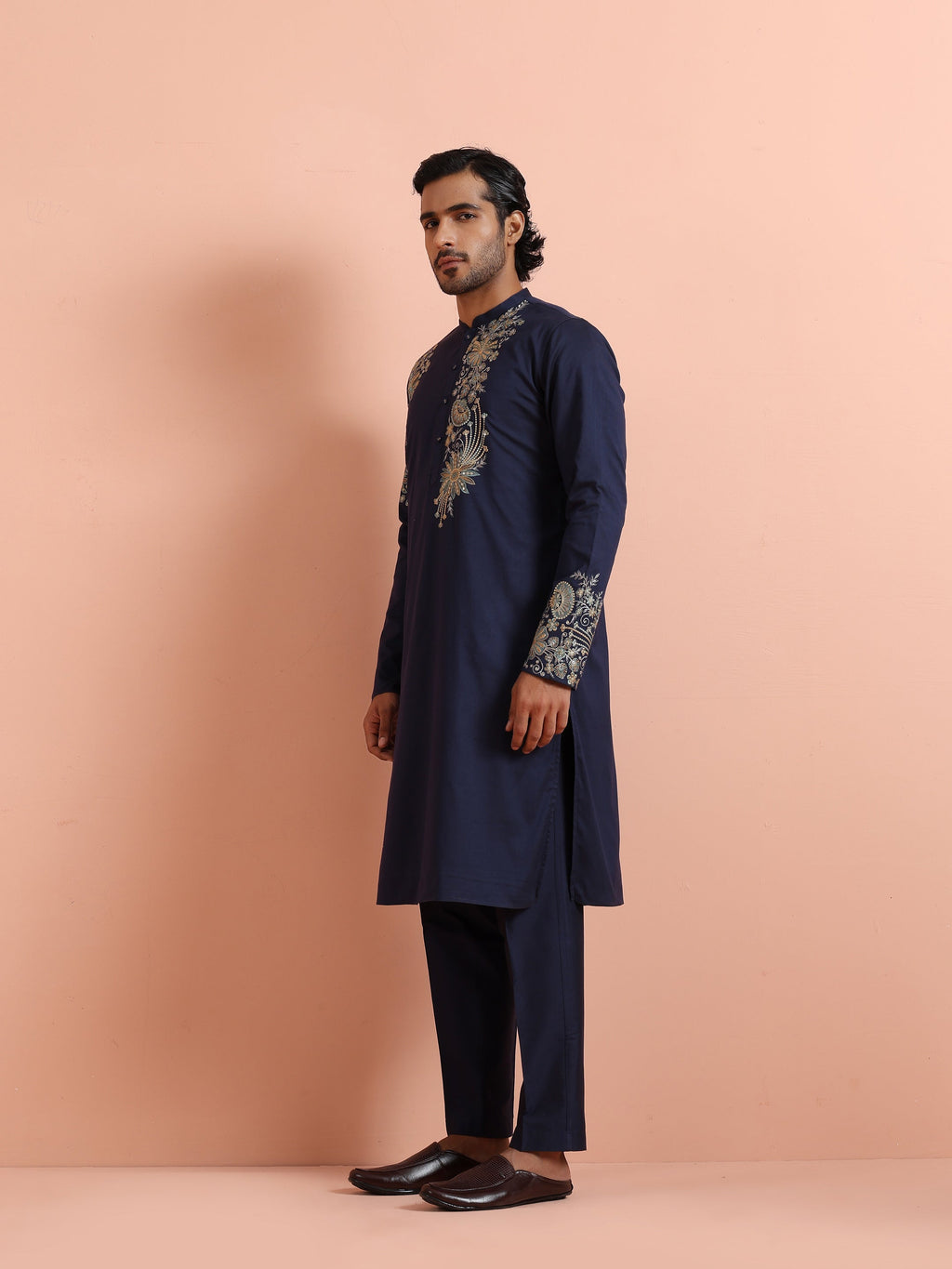 Navy Blue Poly Silk Floral Embroidered Kurta Trouser Set