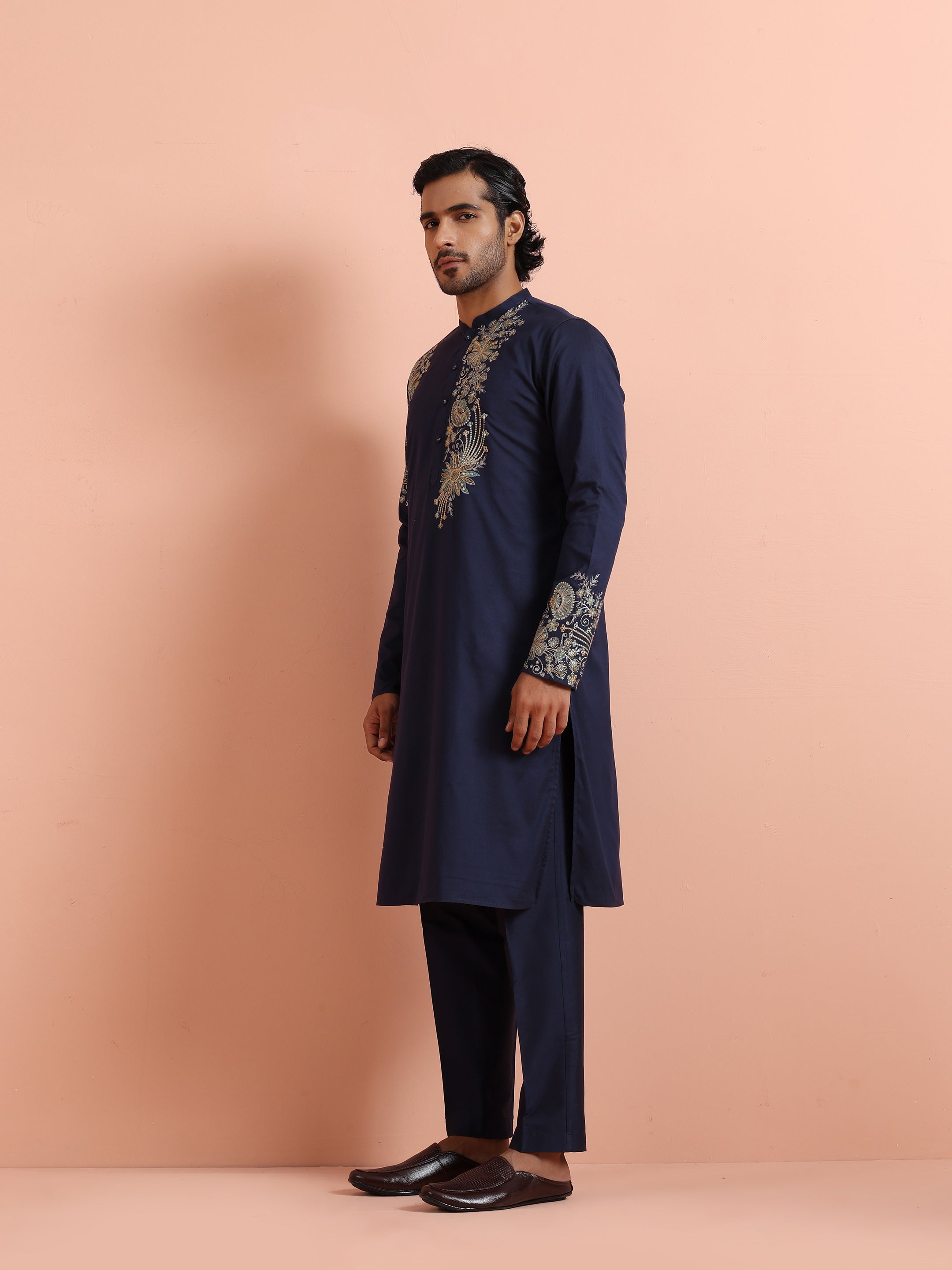 Navy Blue Poly Silk Floral Embroidered Kurta Trouser Set