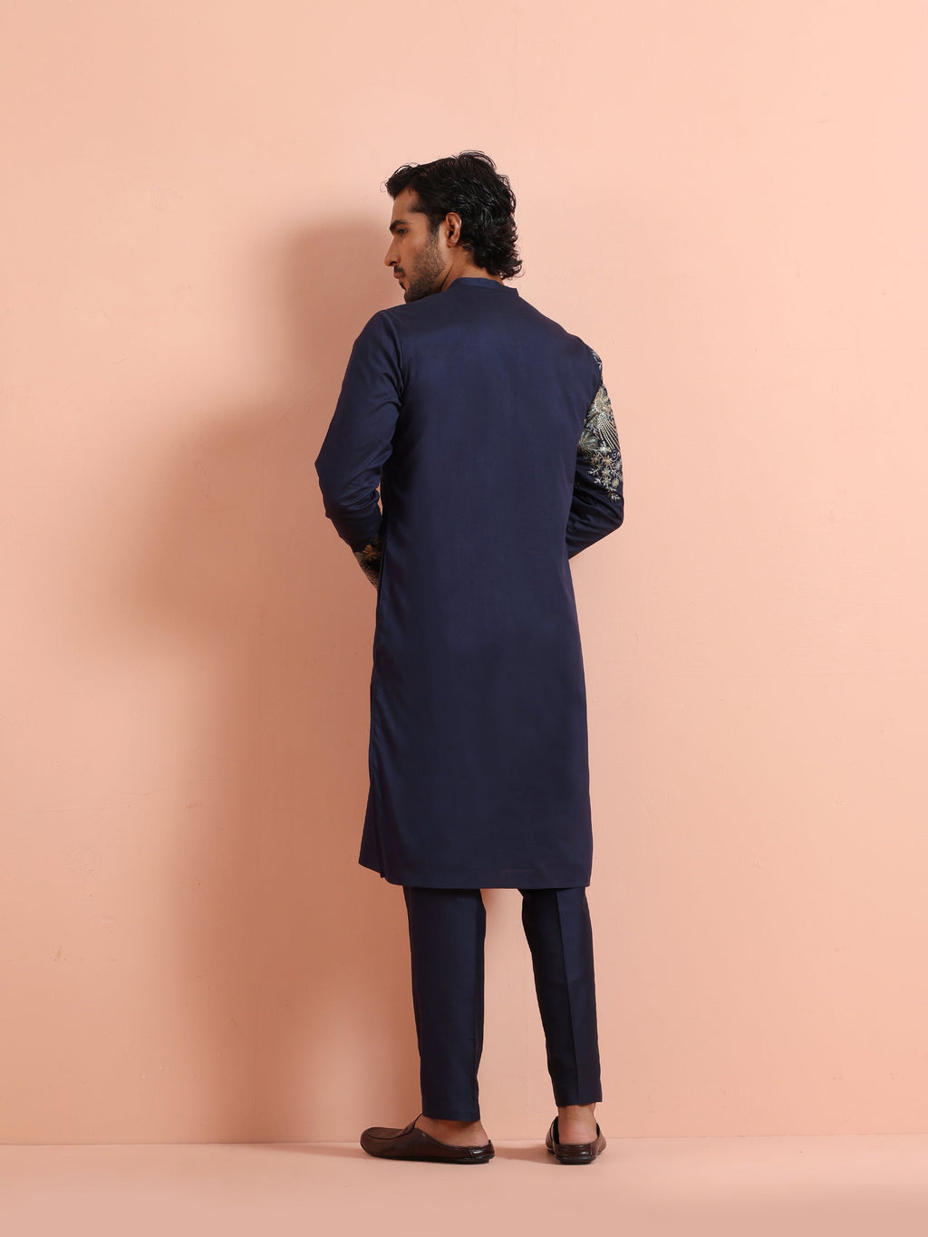 Navy Blue Poly Silk Floral Embroidered Kurta Trouser Set