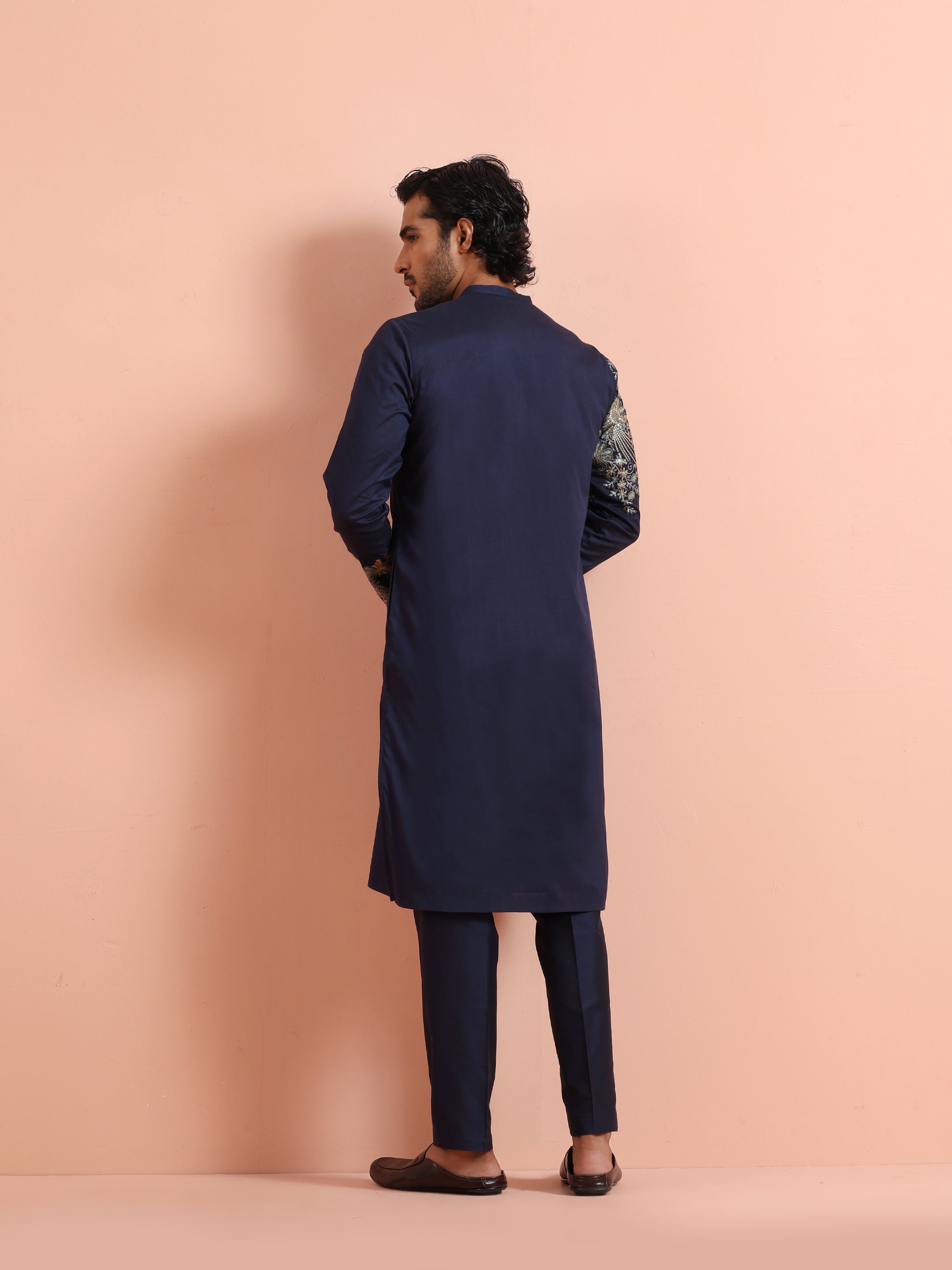 Navy Blue Poly Silk Floral Embroidered Kurta Trouser Set