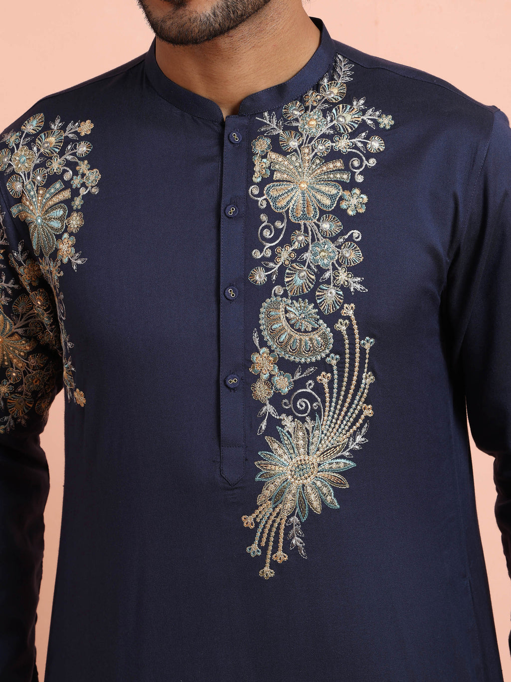 Navy Blue Poly Silk Floral Embroidered Kurta Trouser Set