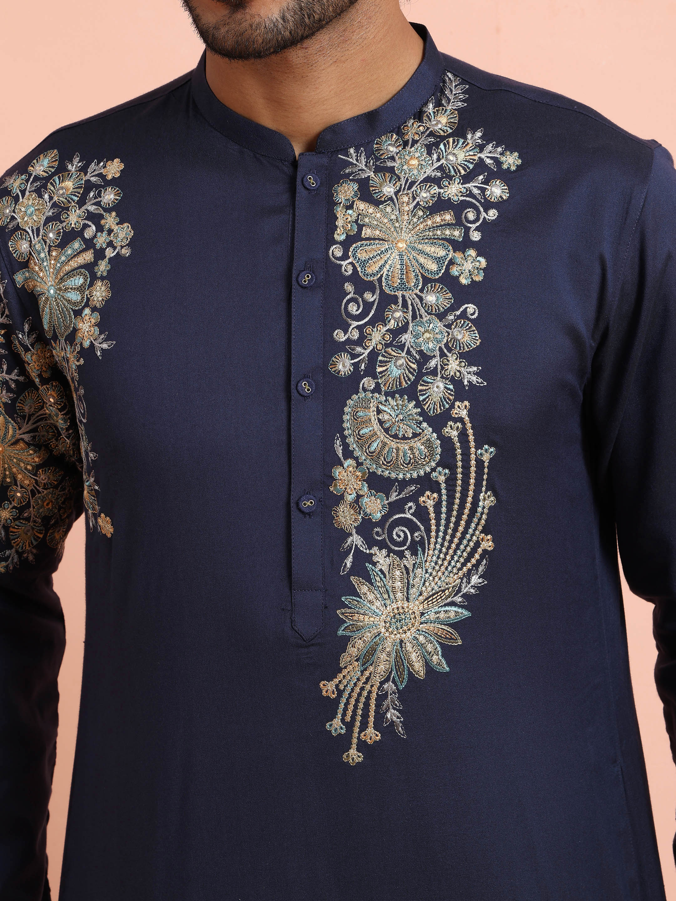 Navy Blue Poly Silk Floral Embroidered Kurta Trouser Set