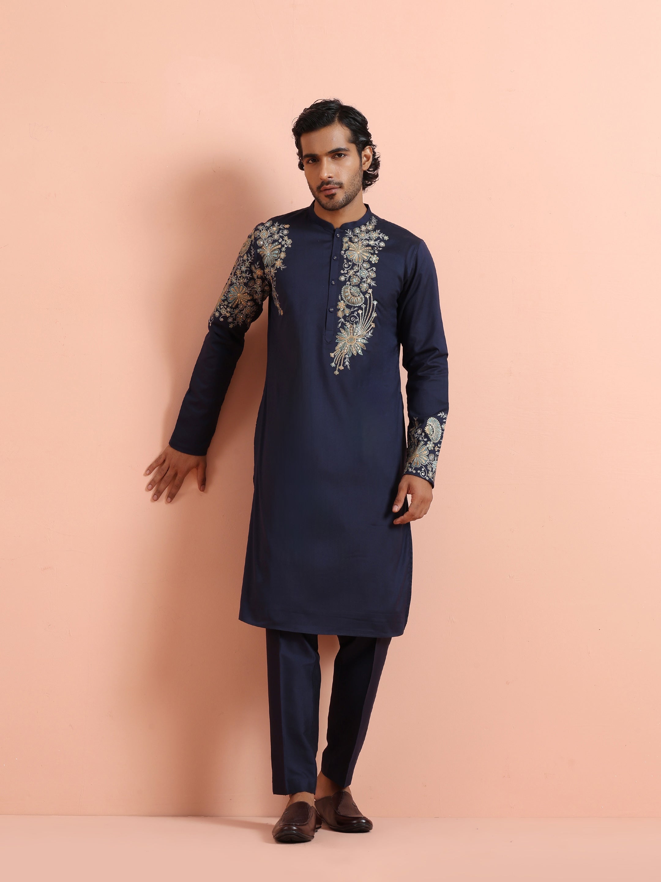 Navy Blue Poly Silk Floral Embroidered Kurta Trouser Set
