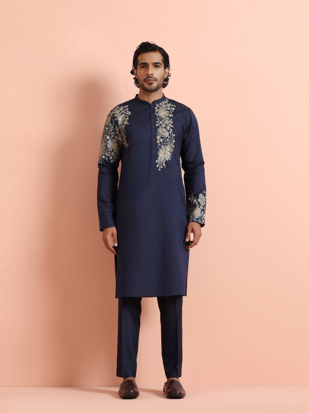Navy Blue Poly Silk Floral Embroidered Kurta Trouser Set