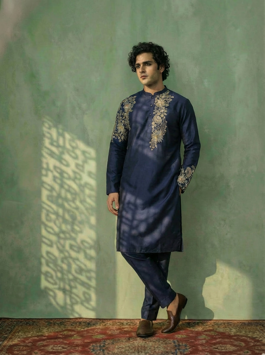 Navy Blue Poly Silk Floral Embroidered Kurta Trouser Set
