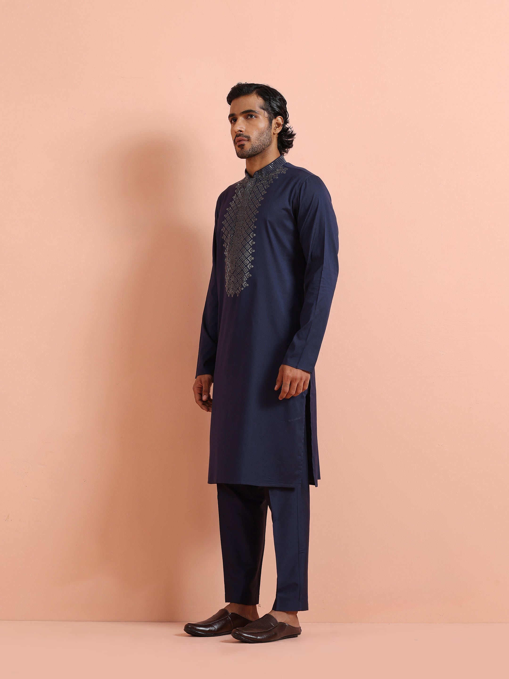 Blue Poly Silk Swarovski Work Kurta Trouser Set