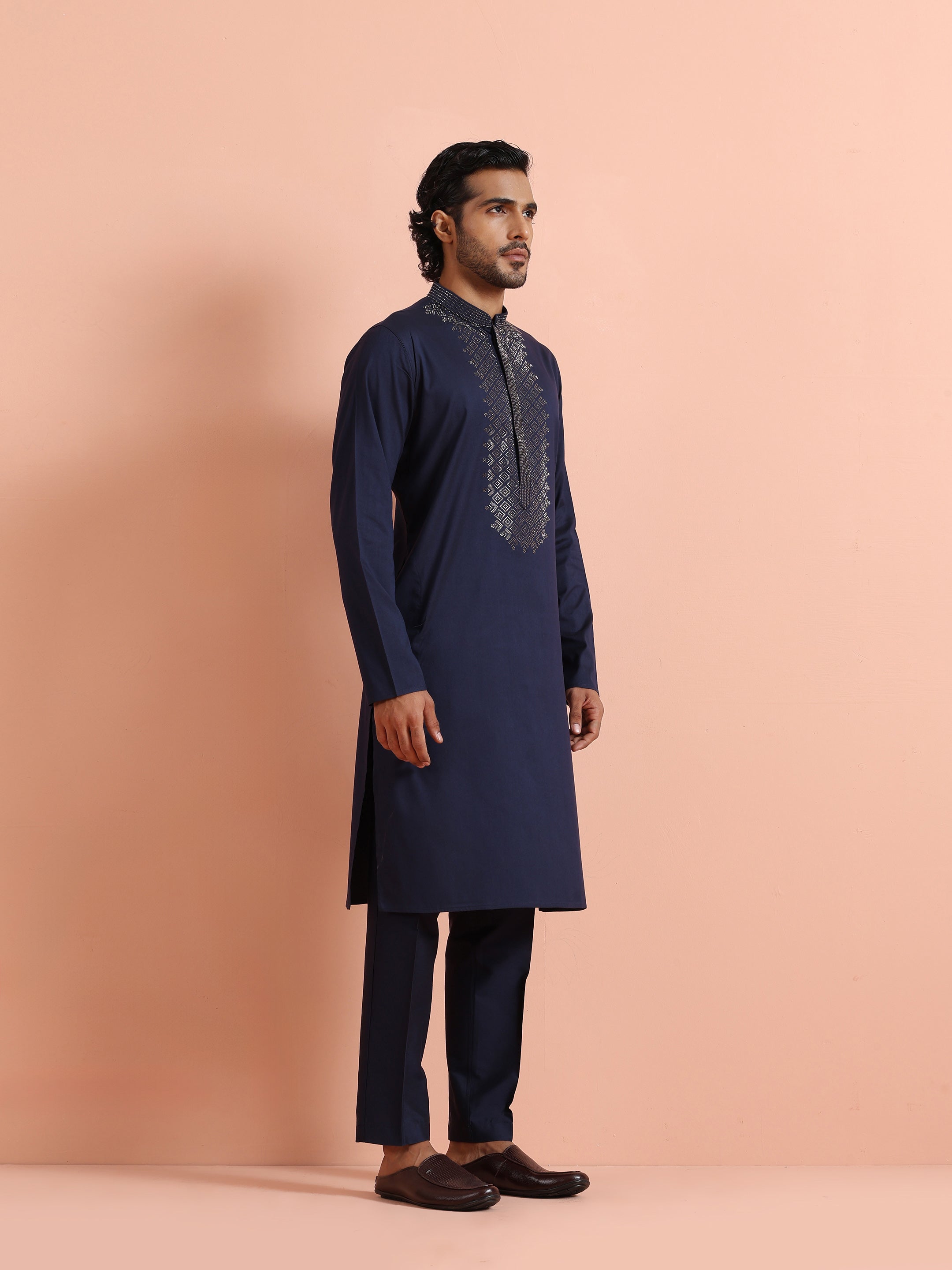 Blue Poly Silk Swarovski Work Kurta Trouser Set