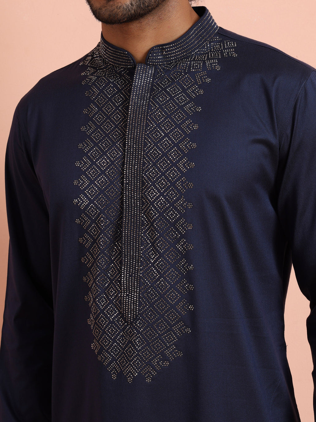 Blue Poly Silk Swarovski Work Kurta Trouser Set