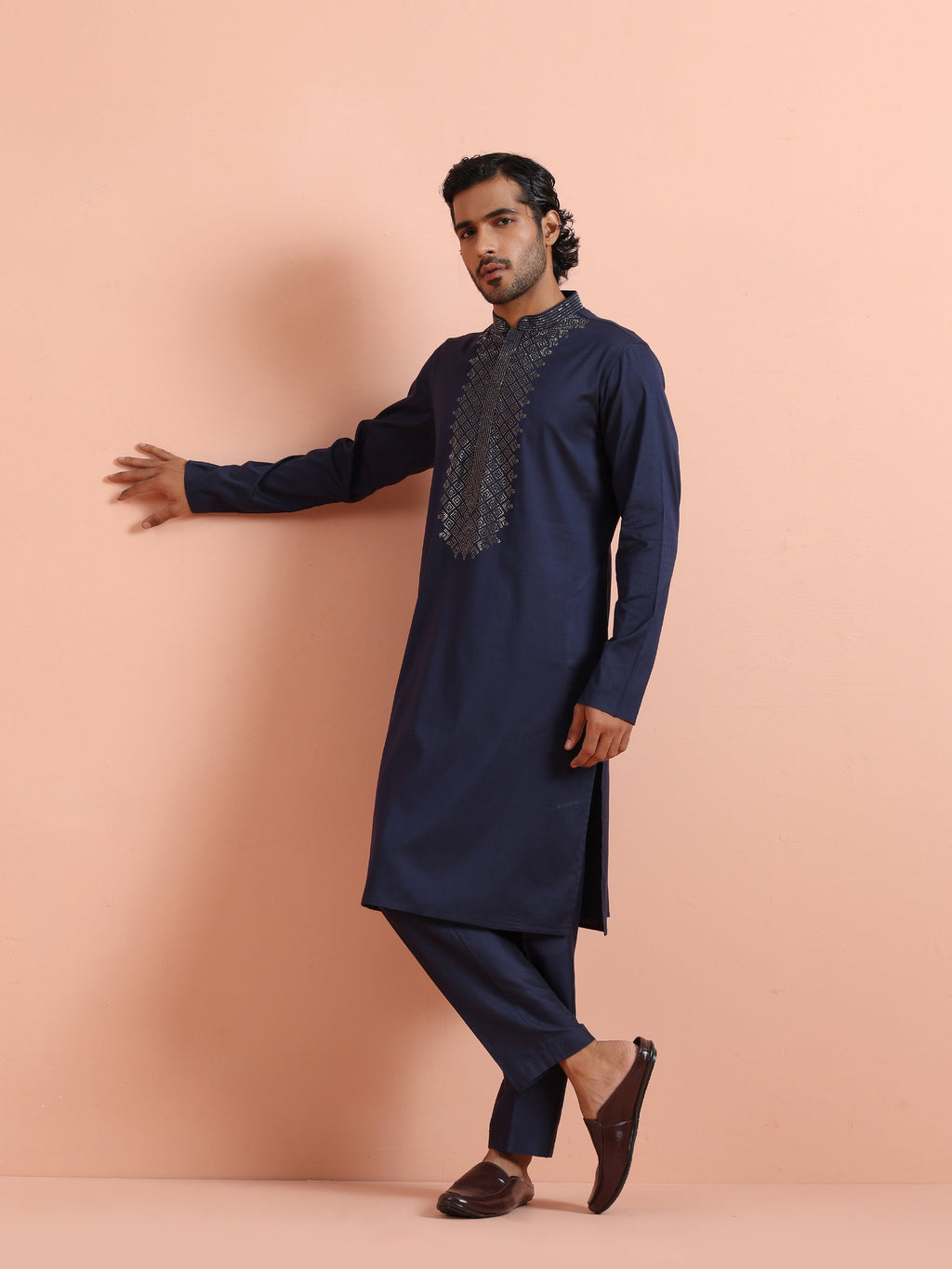 Blue Poly Silk Swarovski Work Kurta Trouser Set