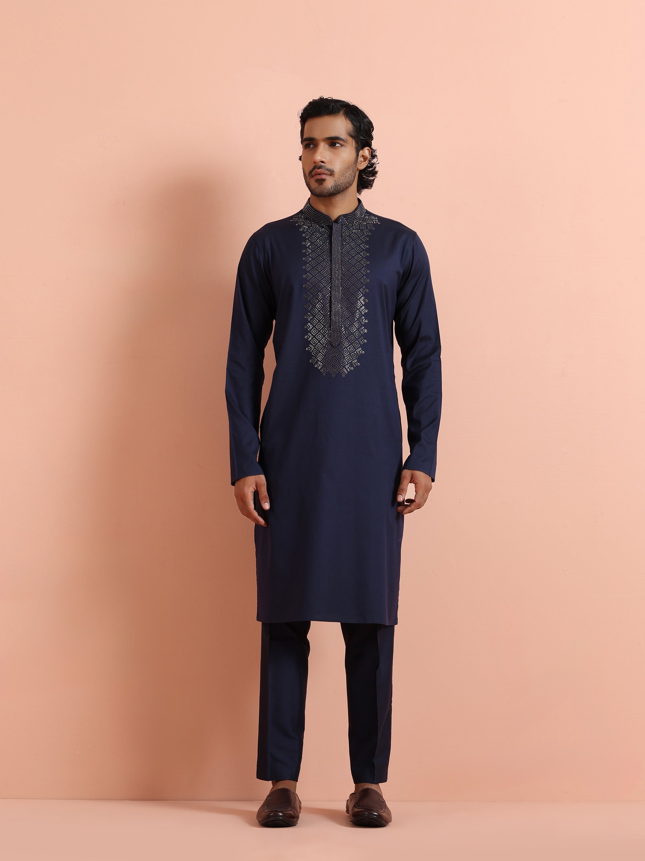 Blue Poly Silk Swarovski Work Kurta Trouser Set