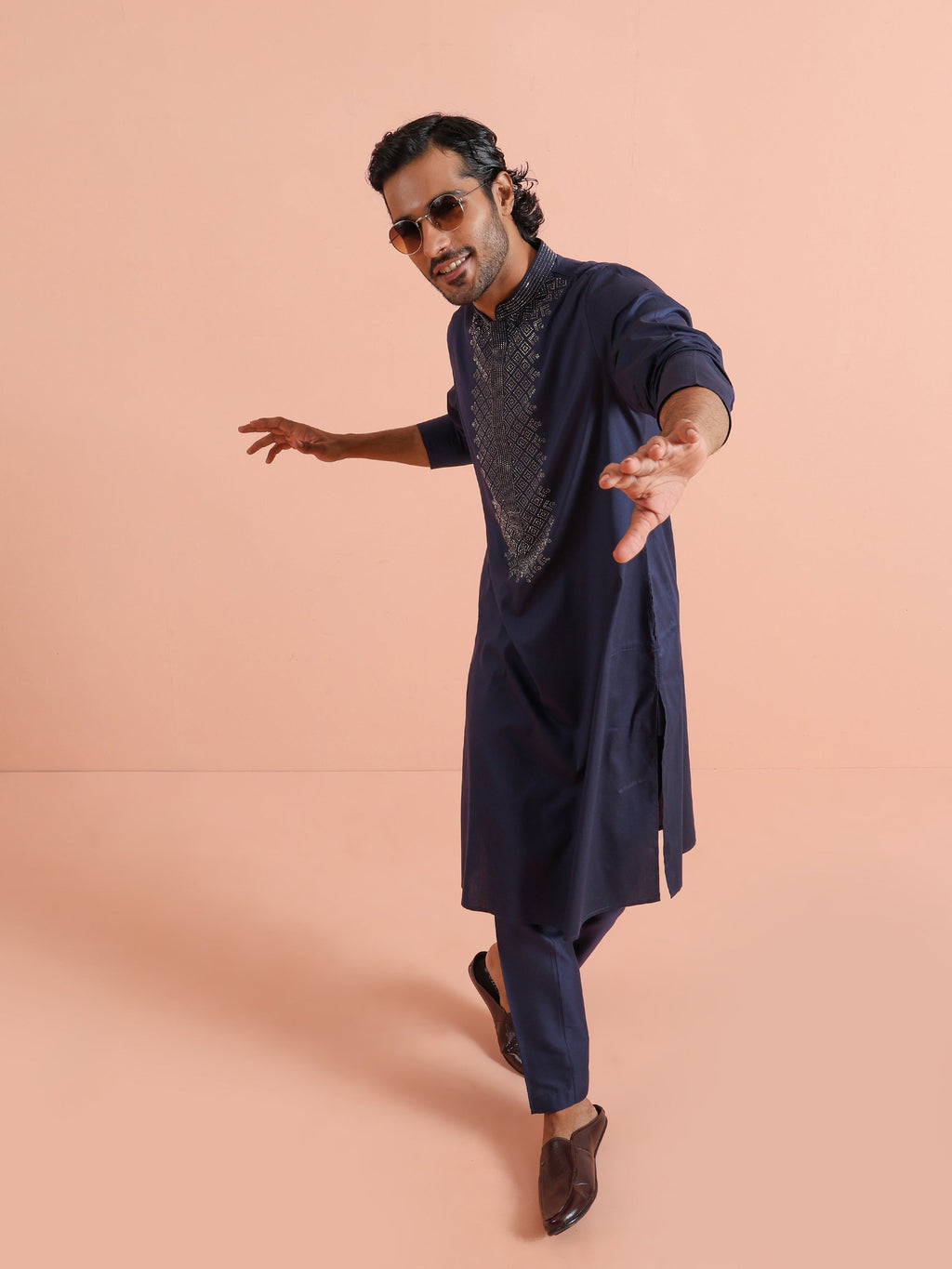 Blue Poly Silk Swarovski Work Kurta Trouser Set
