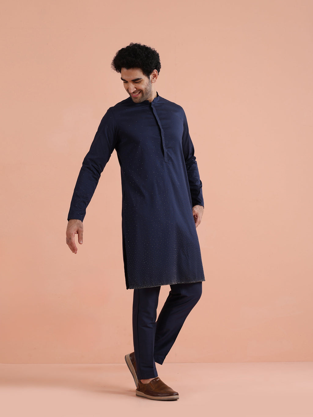 Blue Cotton Embellished Kurta Trouser Set