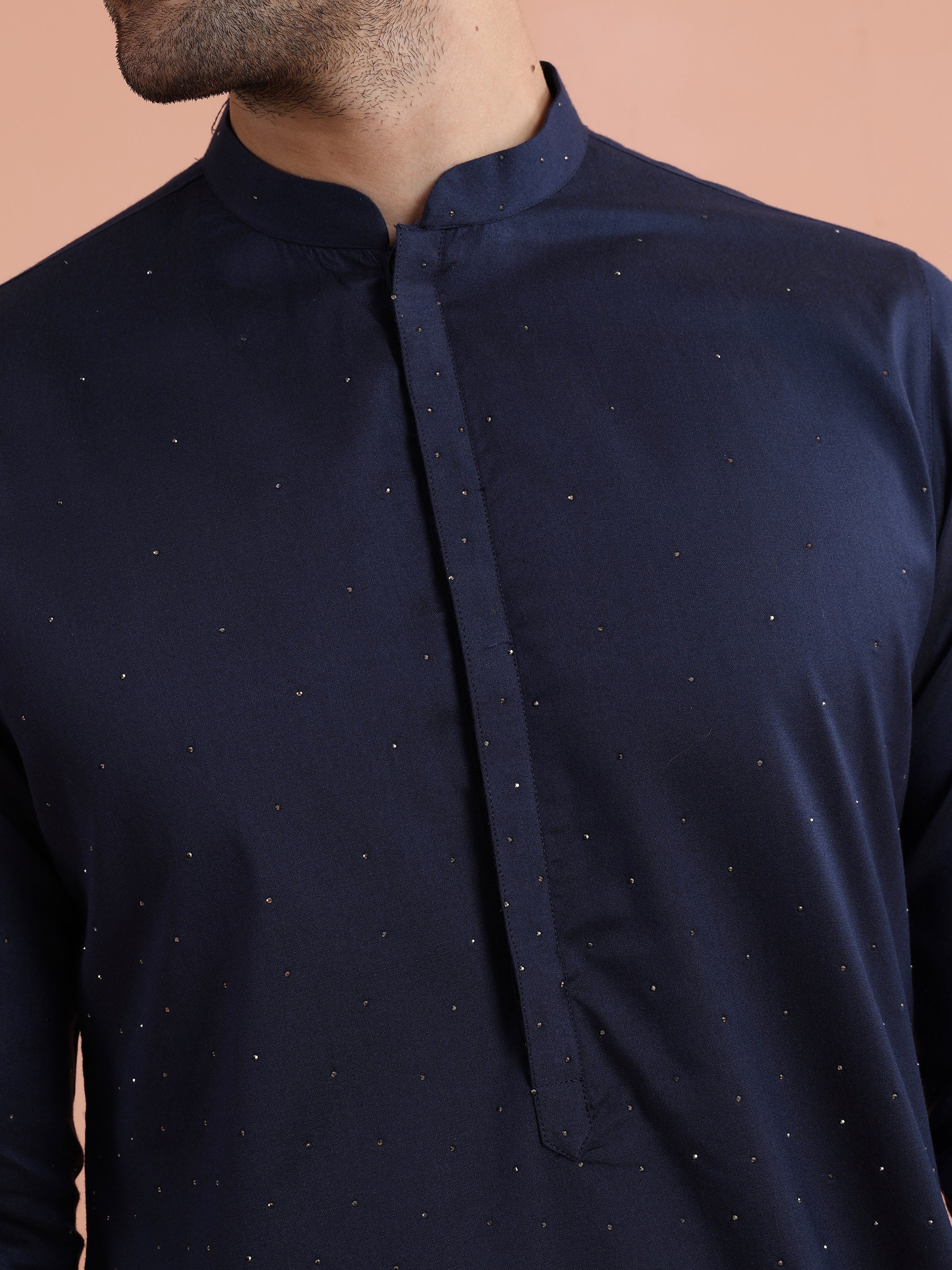 Blue Cotton Embellished Kurta Trouser Set