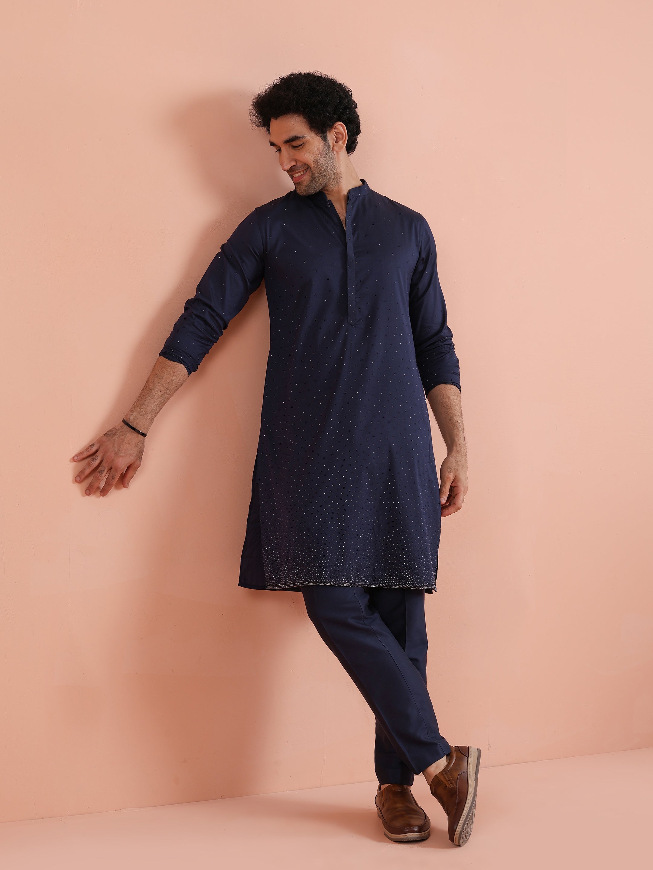 Blue Cotton Embellished Kurta Trouser Set