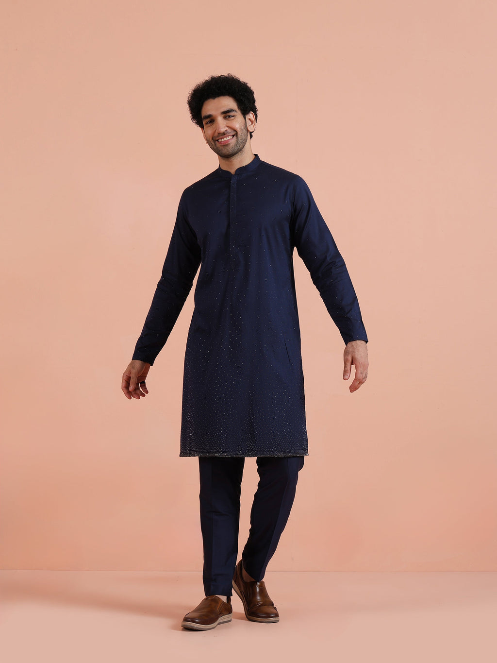 Blue Cotton Embellished Kurta Trouser Set