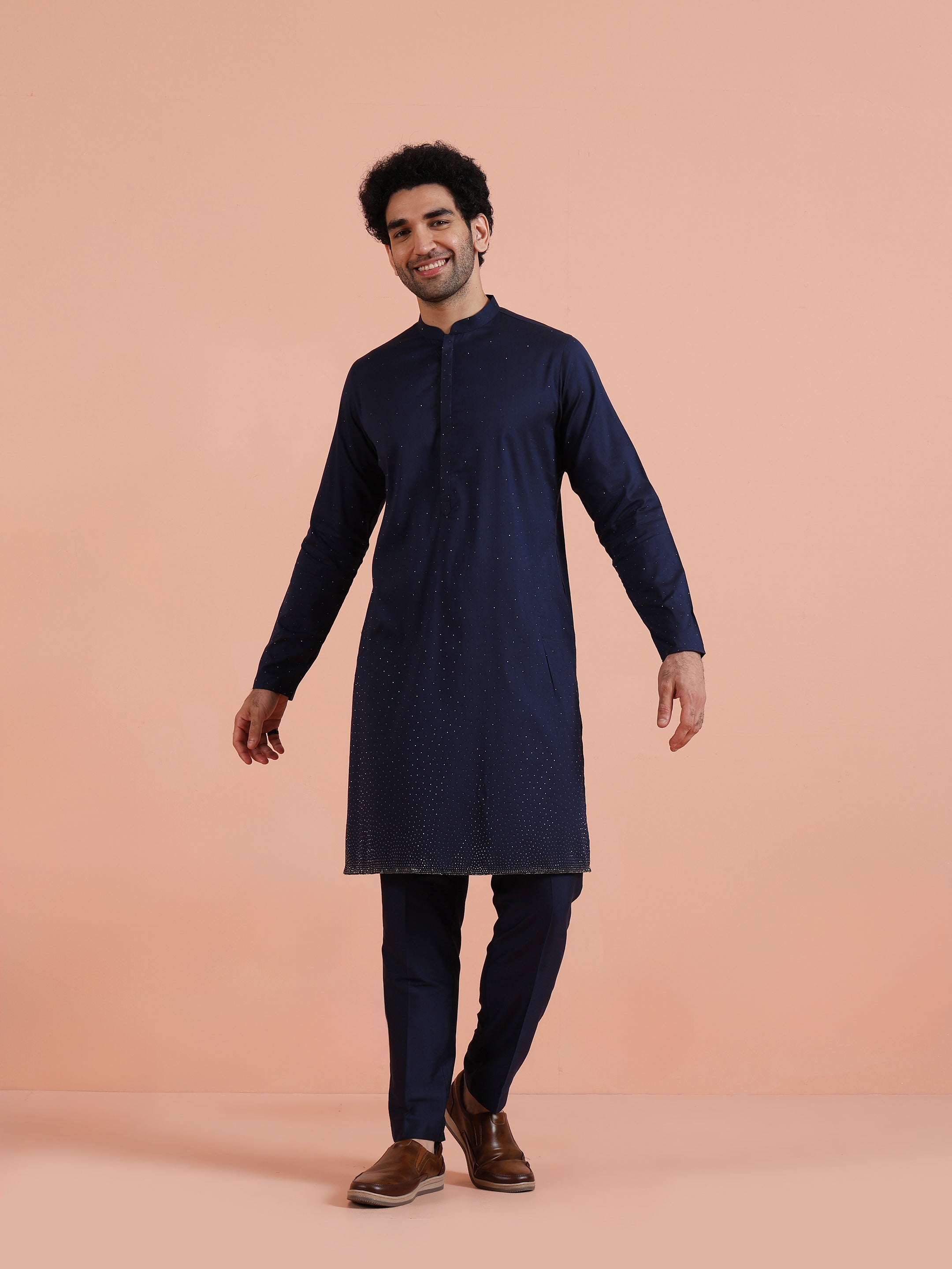 Blue Cotton Embellished Kurta Trouser Set