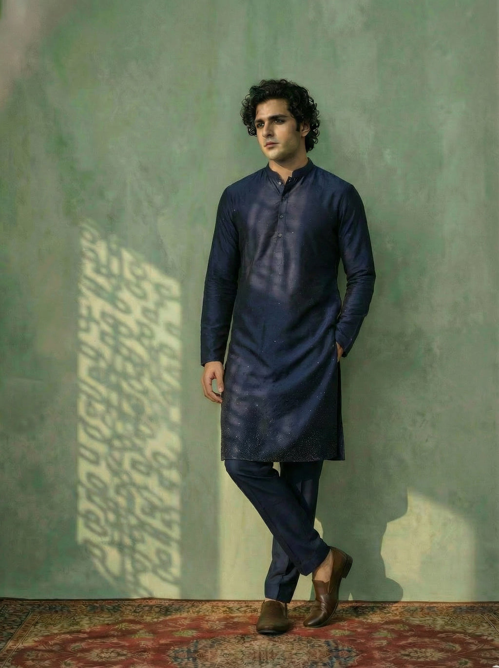 Blue Cotton Embellished Kurta Trouser Set