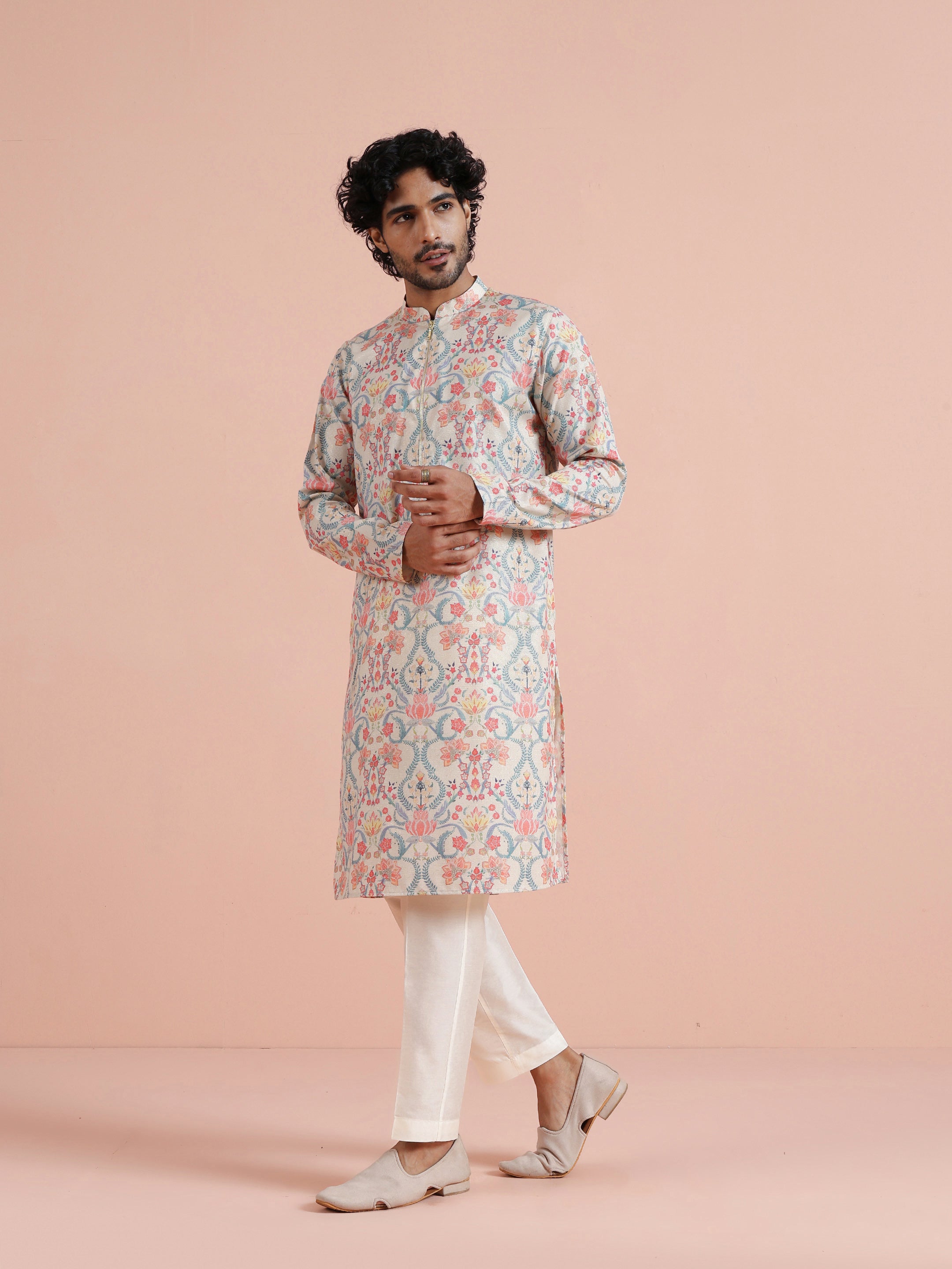 Multicolour Polyviscose Floral Printed Kurta With Zip Trouser Set