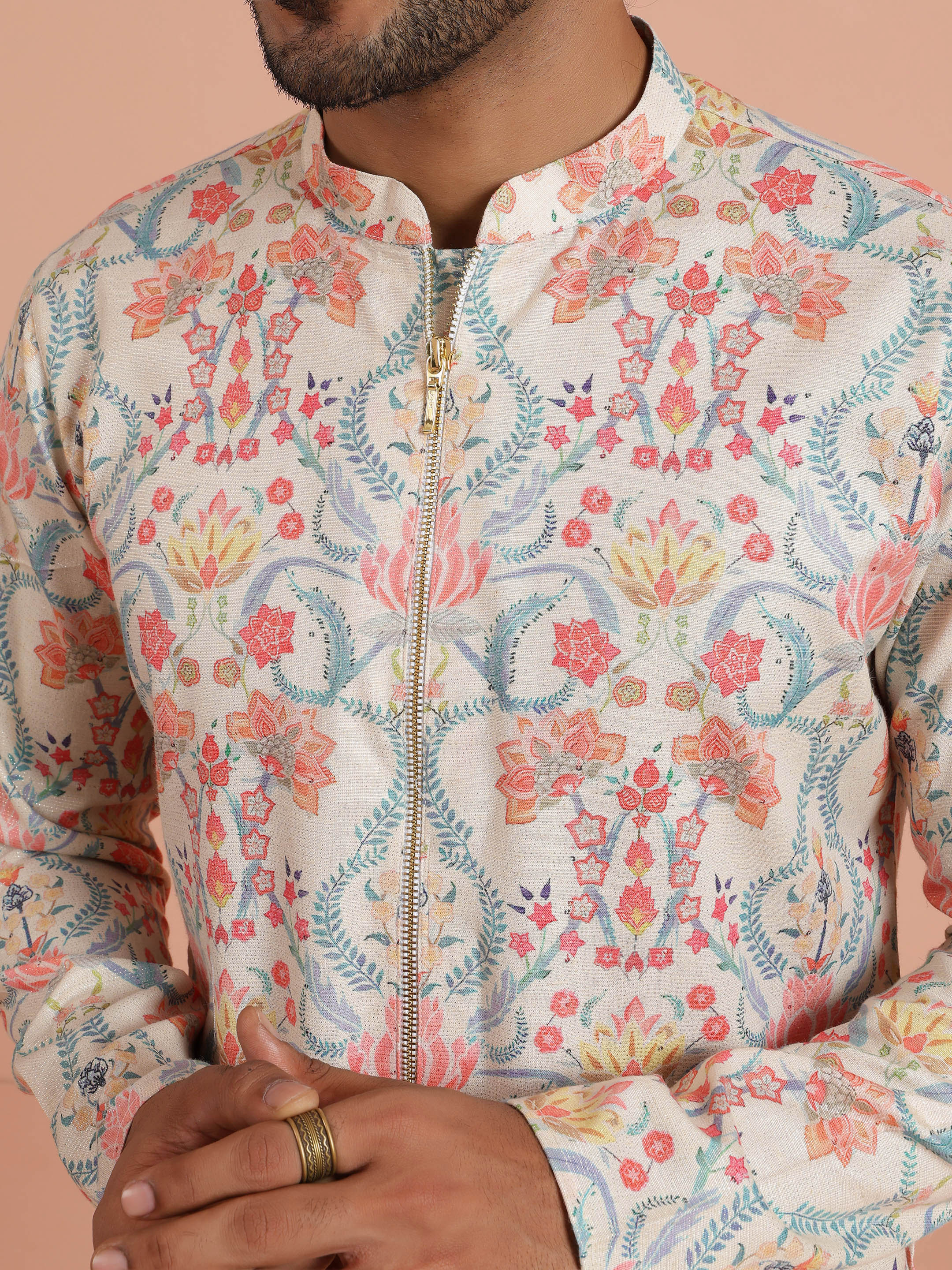 Multicolour Polyviscose Floral Printed Kurta With Zip Trouser Set