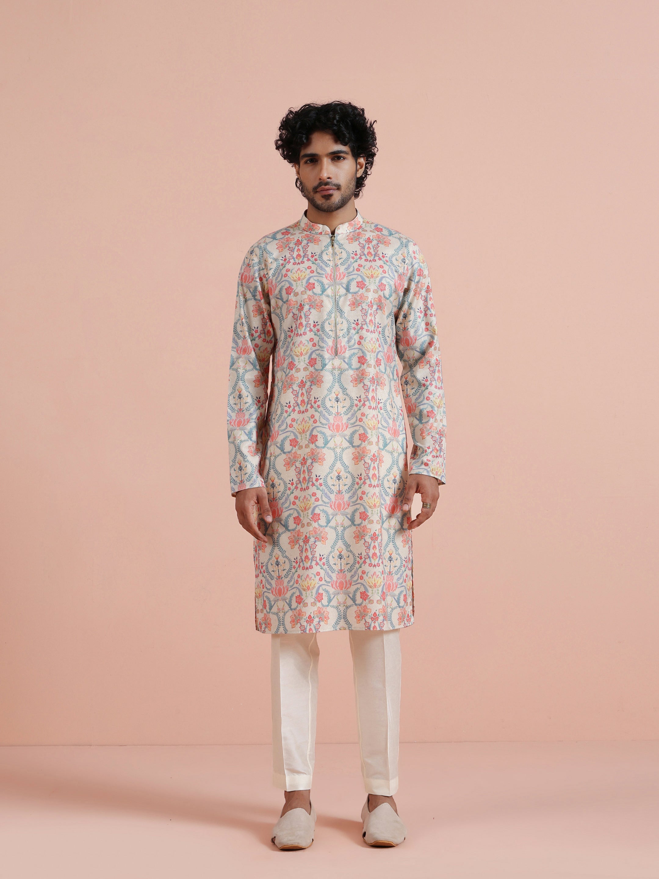 Multicolour Polyviscose Floral Printed Kurta With Zip Trouser Set