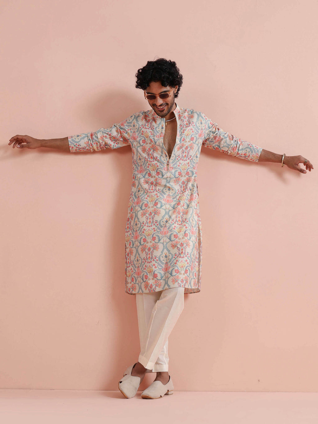 Multicolour Polyviscose Floral Printed Kurta With Zip Trouser Set