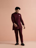 Wine Poly Viscose Solid Mid Kurta Jacket Trouser Set
